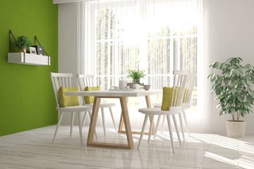 Idea of white minimalist dinner room. Scandinavian interior design. 3D illustration