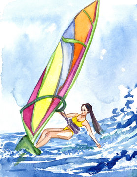 Girl windsurfing on the wave, sea and sky background, hand painted watercolor illustration