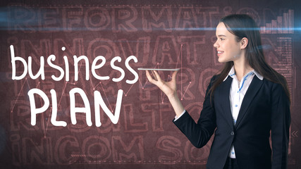 Beauty businesswoman on painted background with marketing words. Advertising, investment and business plan concept