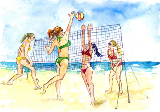 Sexy girls in bikini playing beach volleyball, sea and sand background, hand painted watercolor illustration