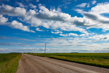 Fototapeta na wymiar Gravel Road Across Prairie Under Blue Cloudy Sky
