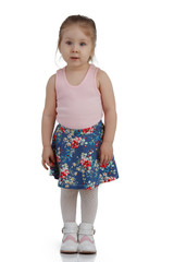 Cheerful little girl on white background isolated, vertical frame.