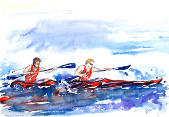 Rowing (crew), two athletes in canoe, splashed water background, hand painted watercolor illustration © ArtoPhotoDesigno