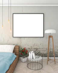 mock up poster frame in grey interior bedroom, modern style, 3D render
