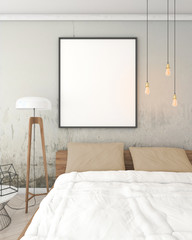 mock up poster frame in grey interior bedroom, modern style, 3D render