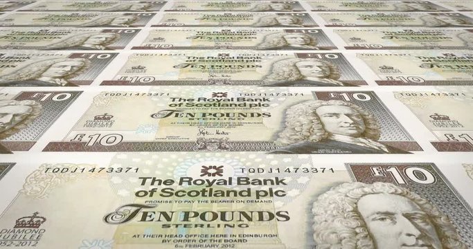 Banknotes of ten scottish pounds of Scotland, cash money, loop