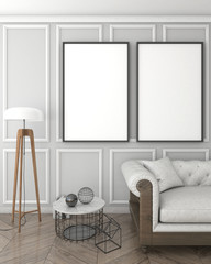 mock up poster frame in grey interior background with sofa, classic style, 3D render, 3D illustration