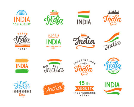India independence day. Handmade lettering logo templates big set