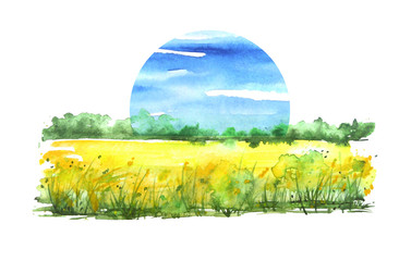 Watercolor illustration, picture on a field with yellow flowers, forest countryside landscape in the wild.  A blue sky in a decorative round element. On a white background.