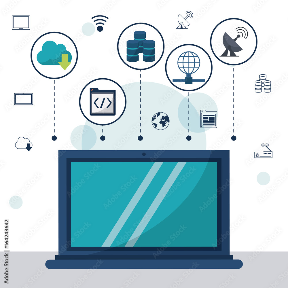 Aufkleber color background with laptop computer in closeup and network storage icons on top