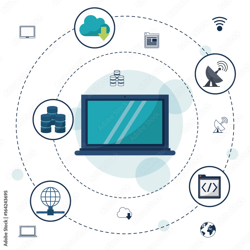 Poster color background with laptop computer and icons network connections and communications around