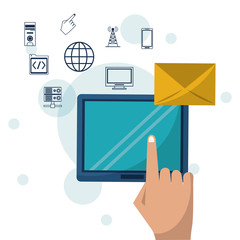 color background with tablet device and envelope mail in closeup and networking icons on top