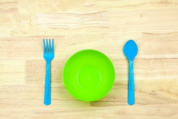 Colorful plastic bowl and Cutlery for a children
