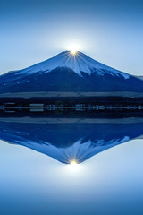 Sunset of the top of Fuji Mountain with Reflection called Double Diamond Fuji