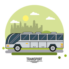 colorful poster of transport with bus on background outskirts of the city in shape of sphere