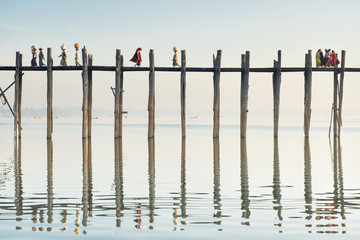 Burmese across the U-Bien Bridge in the Morning at Mandalay, Myanmar