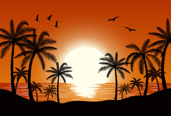 Fototapeta na wymiar Silhouette palm tree on beach