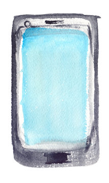 Black smartphone with blank light blue screen painted in watercolor on clean white background