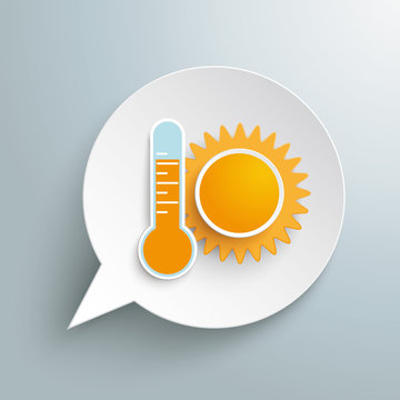 Runde Sprechblase mit Thermometer und Sonne - Heiße Temperaturen
