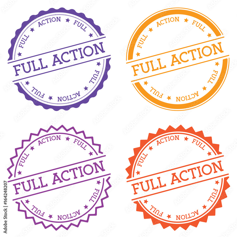 Poster full action badge isolated on white background. flat style round label with text. circular emblem ve