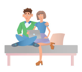 Married couple, young man and woman sitting on bed with laptop. Vector illustration, isolated on white background.