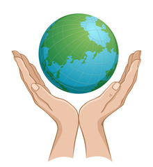 Globe in hand on a white background