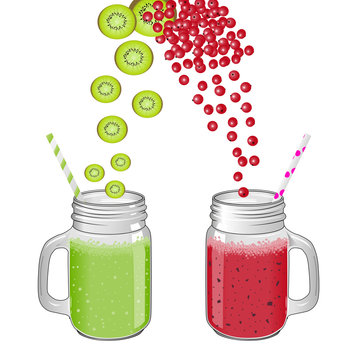 Red and green smoothies in glass jar. Natural healthy drink