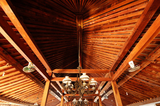 Roof trusses design and detail at the old Masjid Besar Mataram Kotagede, Jogjakarta Indonesia. According to history, the mosque was build on 1575. 
