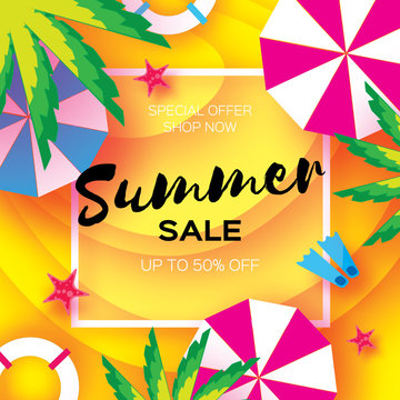 Summer Sale Template banner. Beach rest. Summer vacantion. Top view on colorful beach elements. Square frame with space for text. Paper art style. Vector