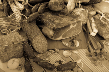 Variety of meats and sausages  on table