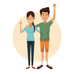 white background and circle beige with couple embraced and posing and her with long hair