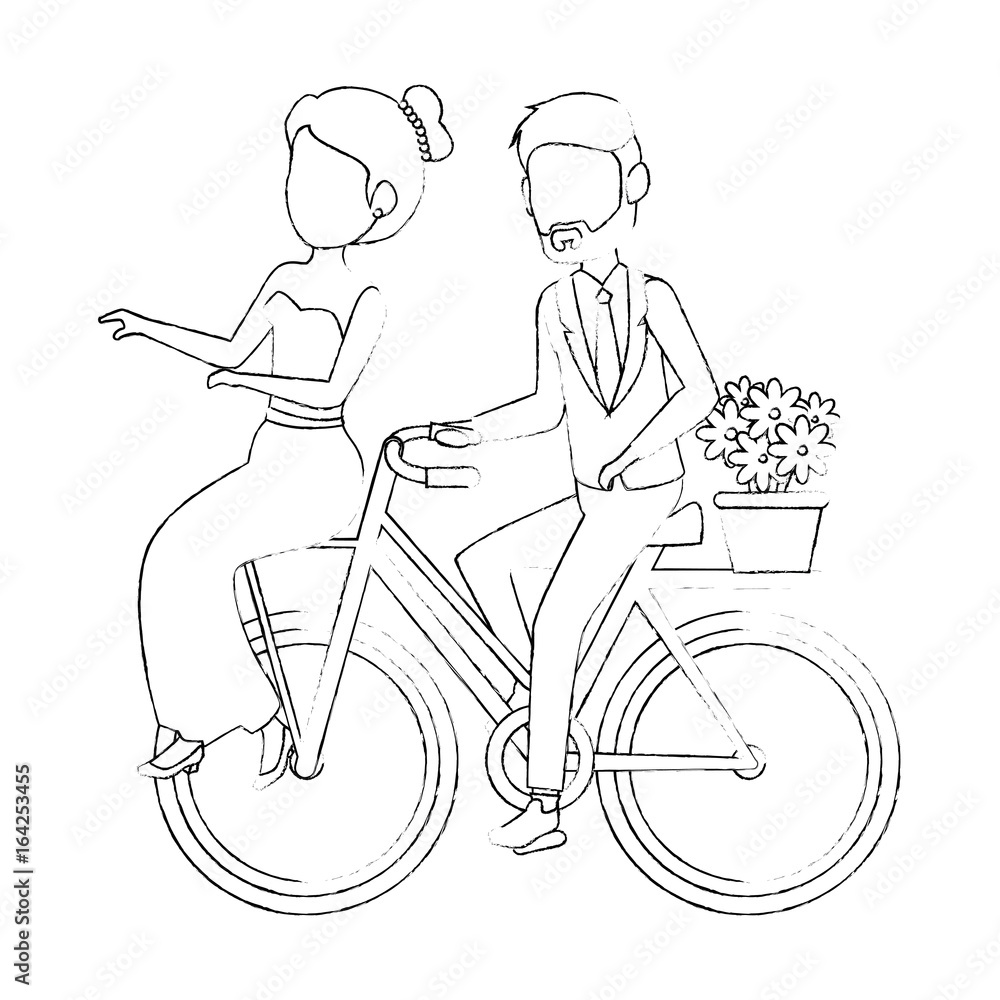 Wall mural bicycle with just married couple icon over white background vector illustration