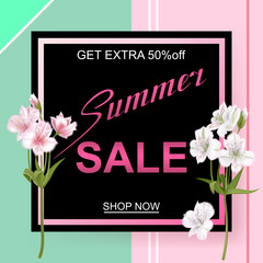 Advertisement about the summer sale on background with flowers