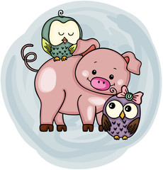 Cute pig with owls
