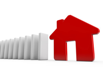 A row of dominos wih a red house. Housing concept. 3D Rendering