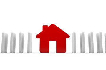 A row of dominos wih a red house. Housing concept. 3D Rendering