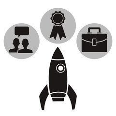 white background with monochrome rocket with circular frames elements academic knowledge inside