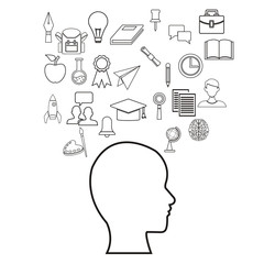 white background with sketch contour profile head human with elements academic knowledge floating