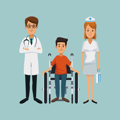 color background with handicapped man in wheelchair and team specialist doctors