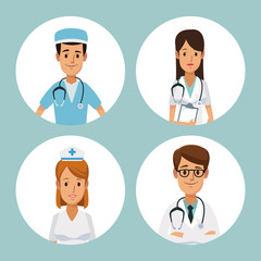Fototapeta premium color background with circular frame half body group team specialist doctors inside