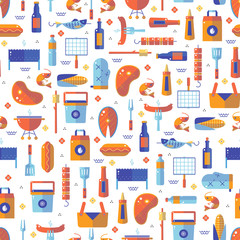 Summer barbecue and grill lined seamless pattern