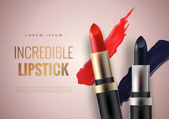 Lipstick advertising banner concept. Red and modern blue colors