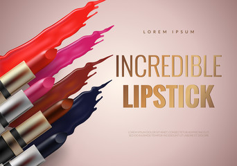 Lipstick advertising banner concept. Pink, red, vinous and modern blue colors