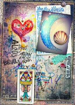Astrologic graffiti,draws,scraps and collage with tarots,moon and red heart