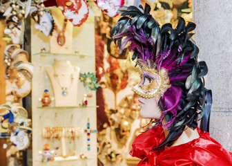 Souvenir shop In Venice. Mannequin in a Venetian mask