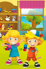 Cartoon scene with happy and funny children in some kindergarten and wardrobe full of toys - scene for different usage