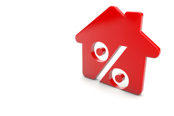 A red house with a percentage symbol. Housing problem concept. 3D Rendering