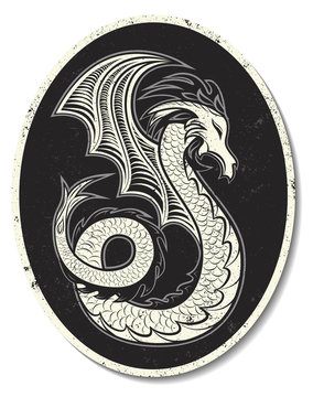 Dragon with wings, mythological creature. Vintage style.