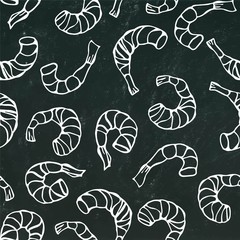 Seafood Seamless Pattern. Shrimp or Prawn. Isolated On Chalkboard Background Doodle Cartoon Vintage Hand Drawn Sketch Vector Illustration.