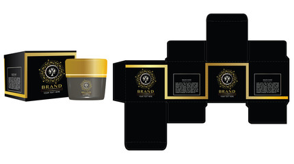 Logo design on cosmetic container with luxury black and gold box design template, mockup box. Illustration vector